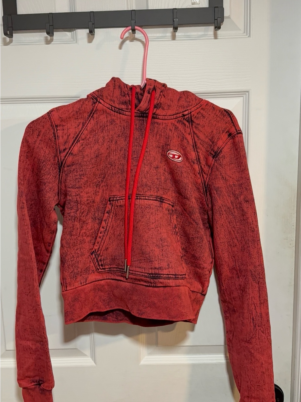 Diesel Red Acid-Wash Hoodie with Small Oval Logo